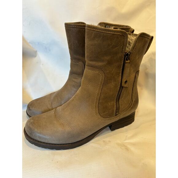 Abeo Hilda Taupe Leather Faux Fur Lined Ankle Boots Bootie Womens Size 11 M GUC - Picture 1 of 6